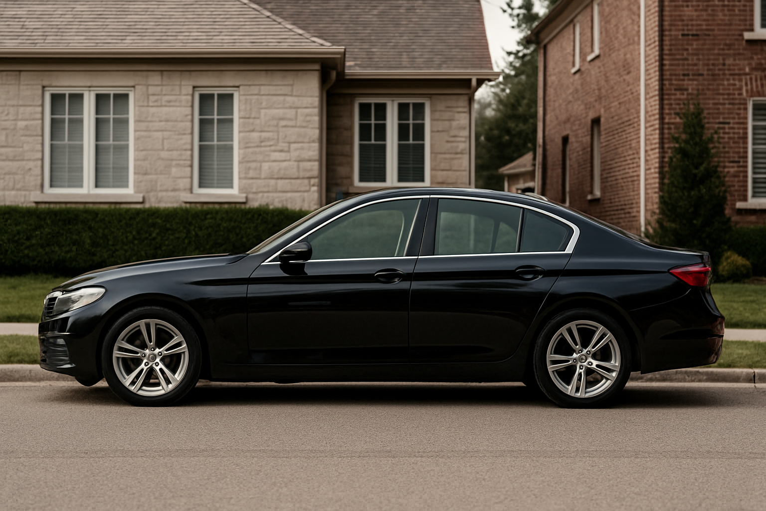 Sleek black sedan parked in a residential neighborhood